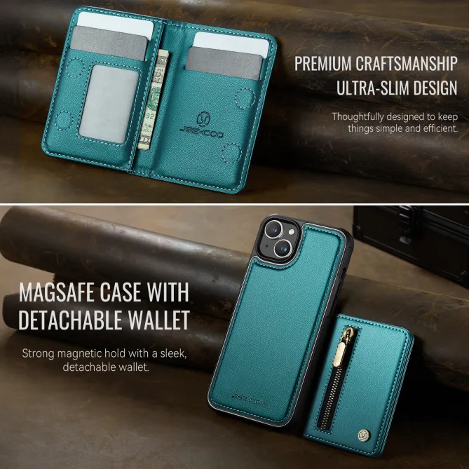 Coque iPhone 15 portefeuille détachable magnétique zippé J12