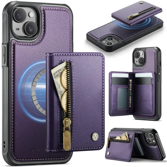 Coque iPhone 15 portefeuille détachable magnétique zippé J12