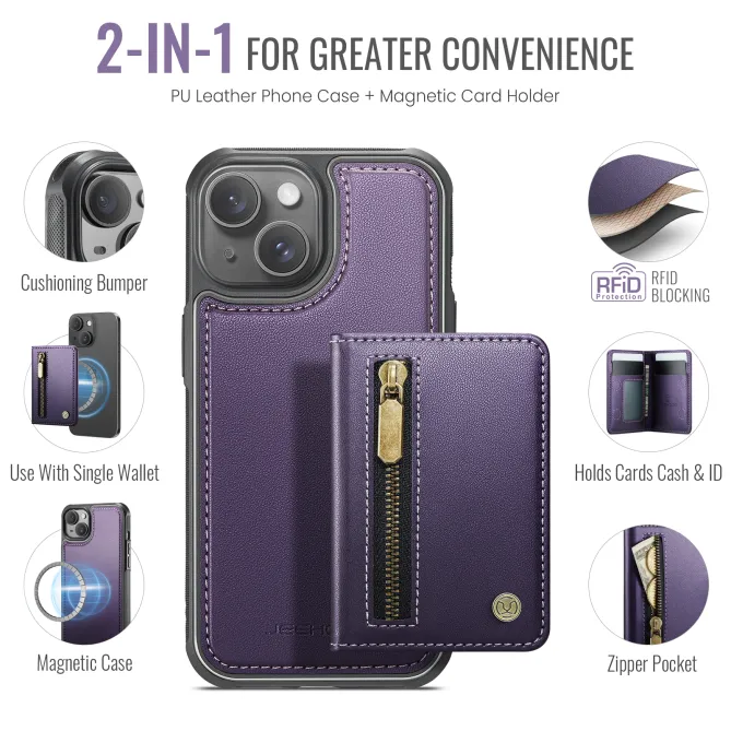 Coque iPhone 15 portefeuille détachable magnétique zippé J12