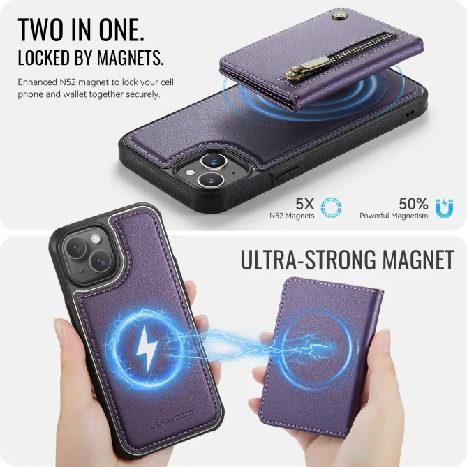 Coque iPhone 15 portefeuille détachable magnétique zippé J12
