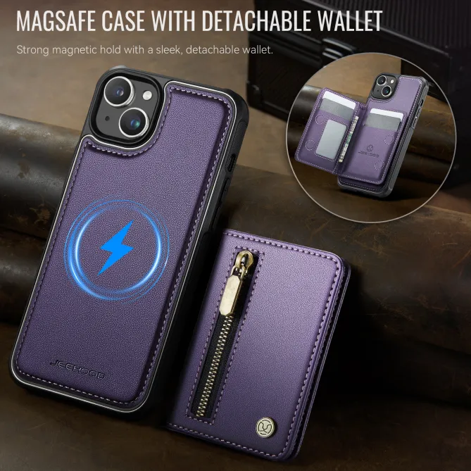 Coque iPhone 15 portefeuille détachable magnétique zippé J12