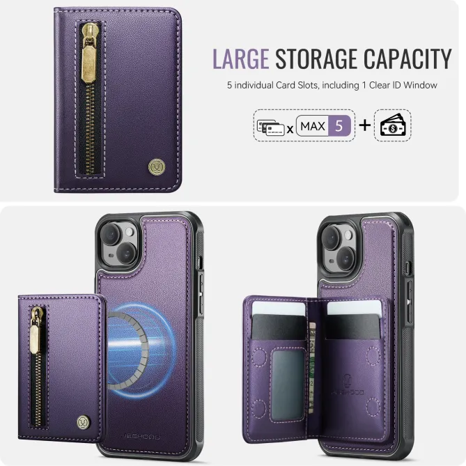 Coque iPhone 15 portefeuille détachable magnétique zippé J12