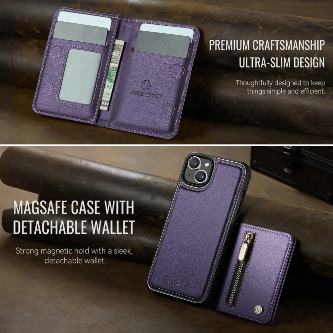 Coque iPhone 15 portefeuille détachable magnétique zippé J12