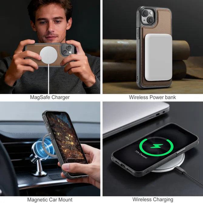 Coque iPhone 15 magnétique J10 simili cuir avec porte-cartes détachable