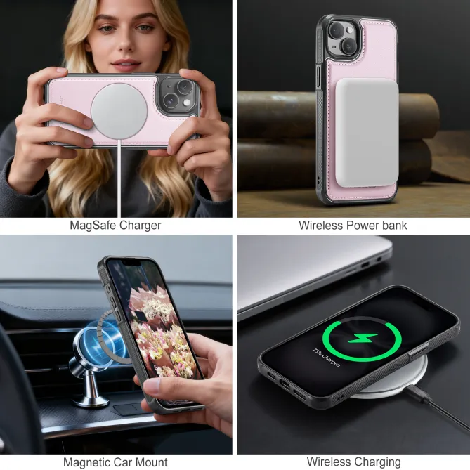 Coque iPhone 15 magnétique J10 simili cuir avec porte-cartes détachable