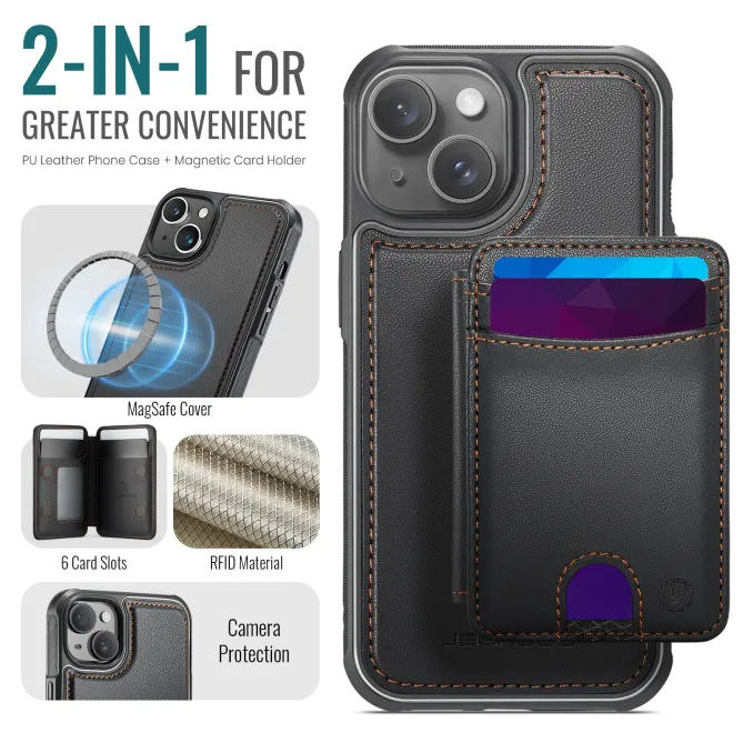 Coque iPhone 15 magnétique J10 simili cuir avec porte-cartes détachable