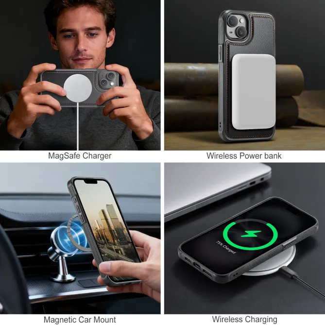 Coque iPhone 15 magnétique J10 simili cuir avec porte-cartes détachable