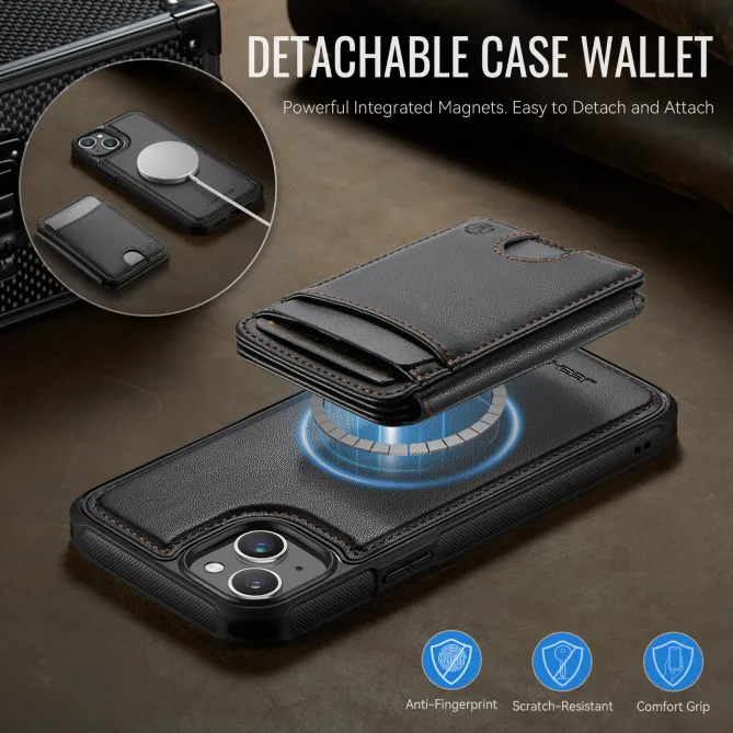 Coque iPhone 15 magnétique J10 simili cuir avec porte-cartes détachable