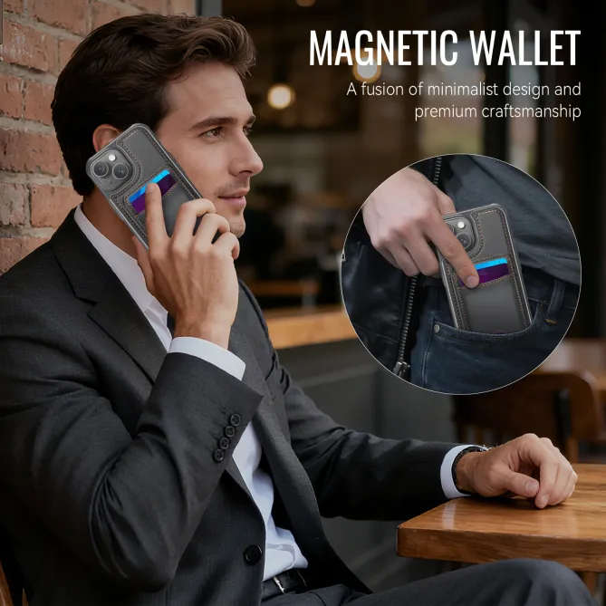 Coque iPhone 15 magnétique J10 simili cuir avec porte-cartes détachable