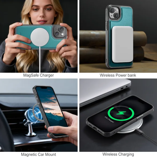 Coque iPhone 15 magnétique J10 simili cuir avec porte-cartes détachable