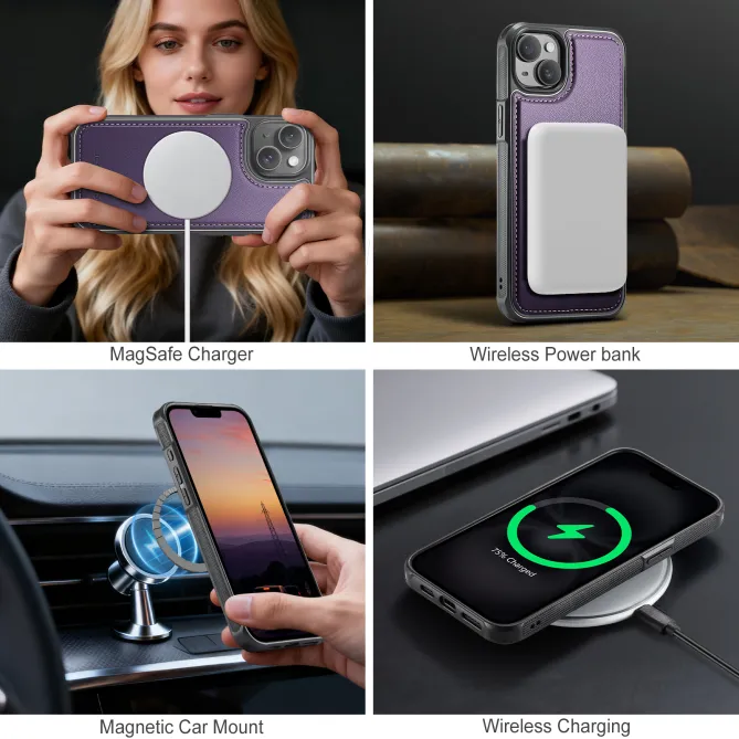 Coque iPhone 15 magnétique J10 simili cuir avec porte-cartes détachable