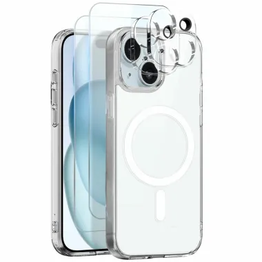 Coque iPhone 15 magnétique transparente pack protection 5 en 1