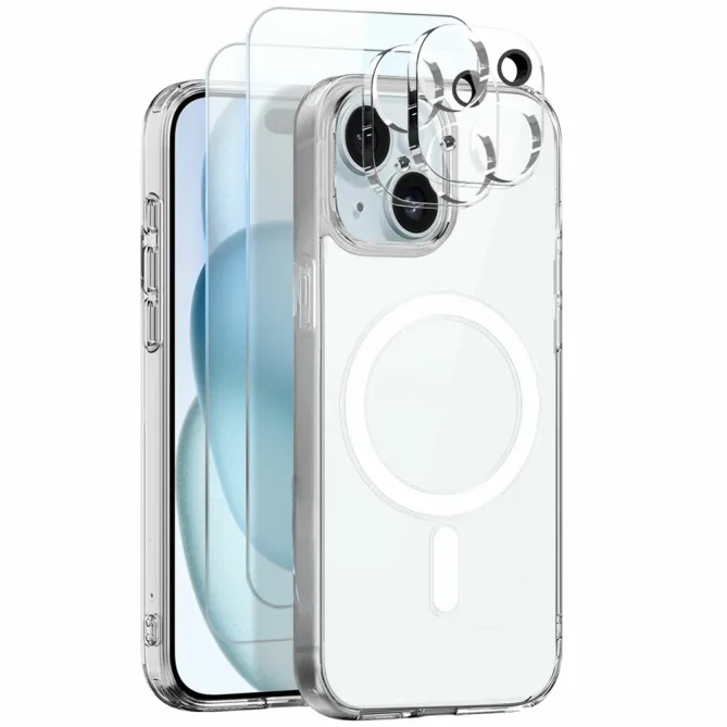 Coque iPhone 15 magnétique transparente pack protection 5 en 1