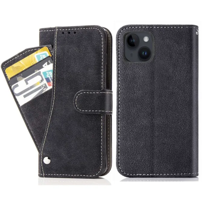 Étui iPhone 15 portefeuille rétro avec porte-cartes pivotant