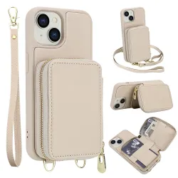 Coque iPhone 15 Portefeuille Zippé avec Bandoulière