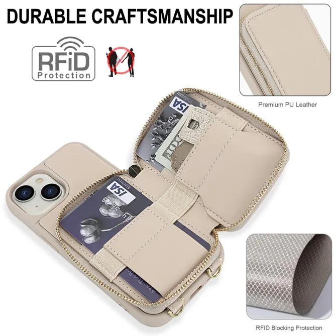 Coque iPhone 15 Portefeuille Zippé avec Bandoulière