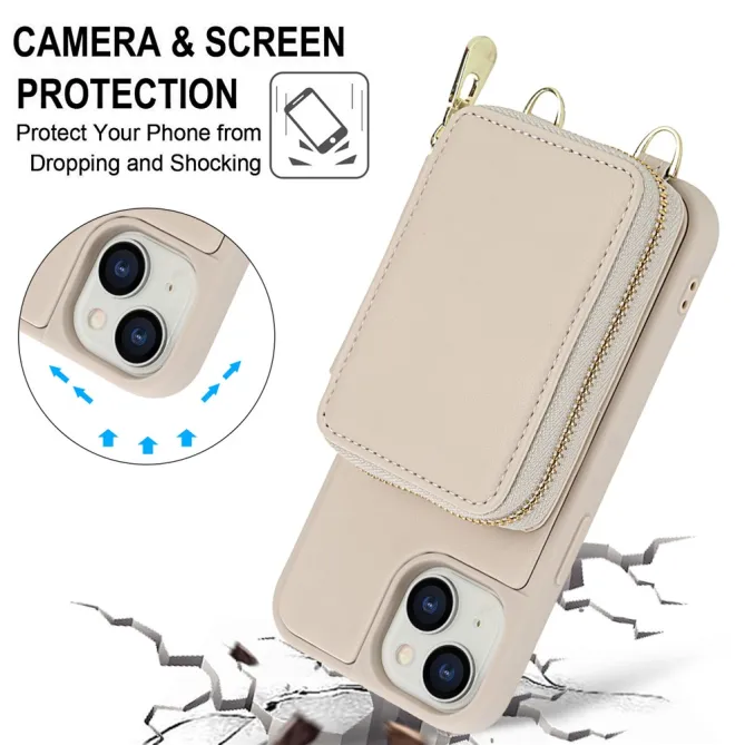 Coque iPhone 15 Portefeuille Zippé avec Bandoulière