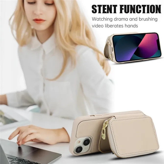 Coque iPhone 15 Portefeuille Zippé avec Bandoulière