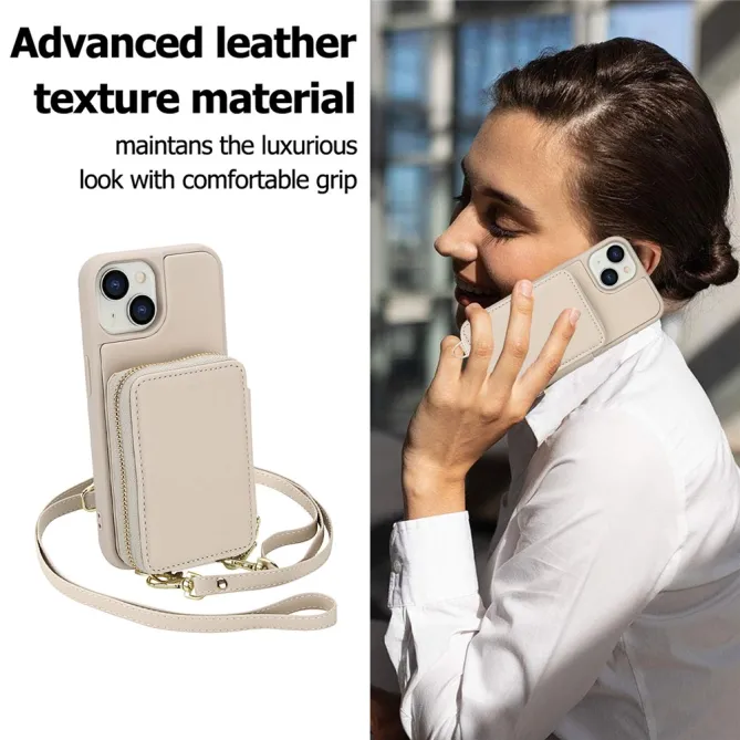 Coque iPhone 15 Portefeuille Zippé avec Bandoulière