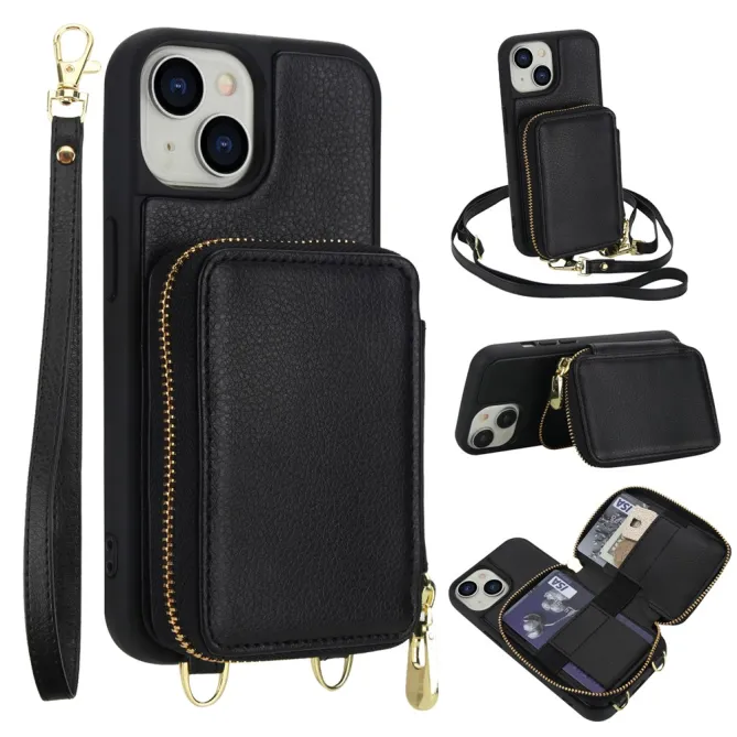 Coque iPhone 15 Portefeuille Zippé avec Bandoulière