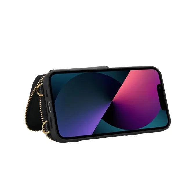 Coque iPhone 15 Portefeuille Zippé avec Bandoulière