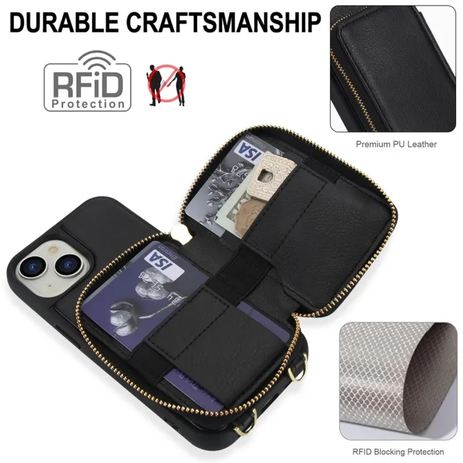 Coque iPhone 15 Portefeuille Zippé avec Bandoulière