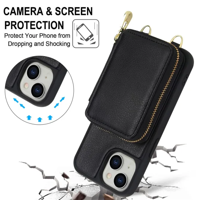 Coque iPhone 15 Portefeuille Zippé avec Bandoulière