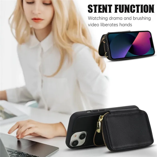 Coque iPhone 15 Portefeuille Zippé avec Bandoulière
