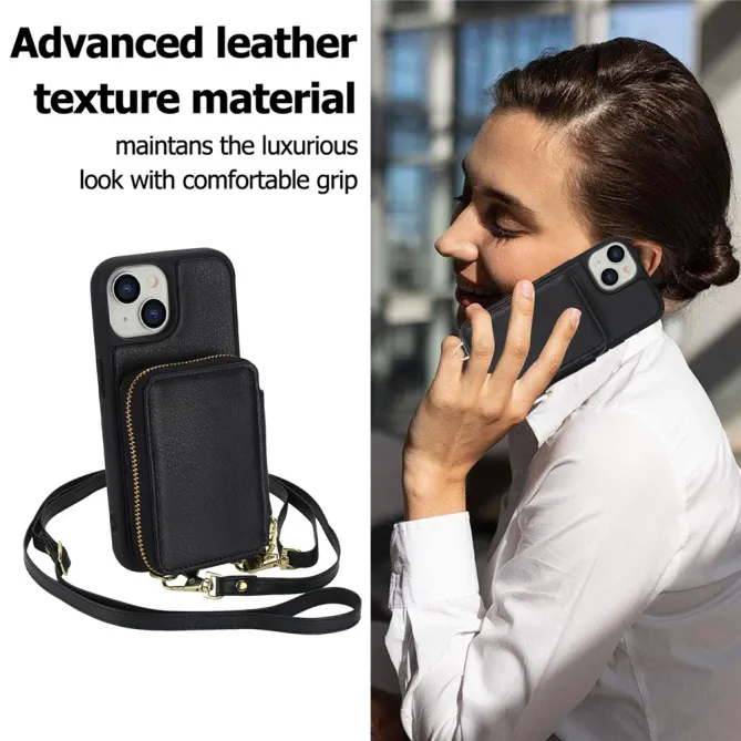 Coque iPhone 15 Portefeuille Zippé avec Bandoulière