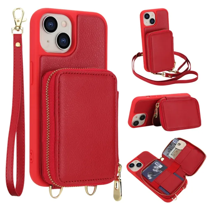 Coque iPhone 15 Portefeuille Zippé avec Bandoulière