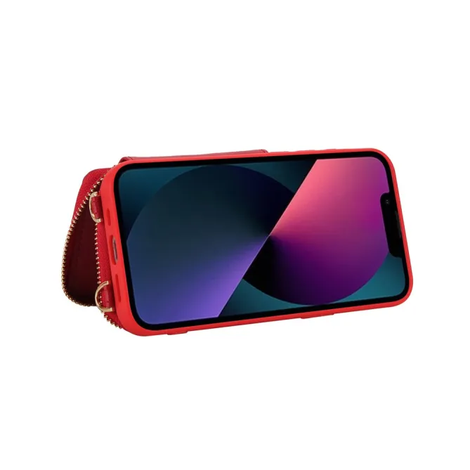 Coque iPhone 15 Portefeuille Zippé avec Bandoulière