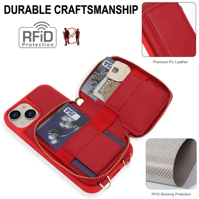 Coque iPhone 15 Portefeuille Zippé avec Bandoulière