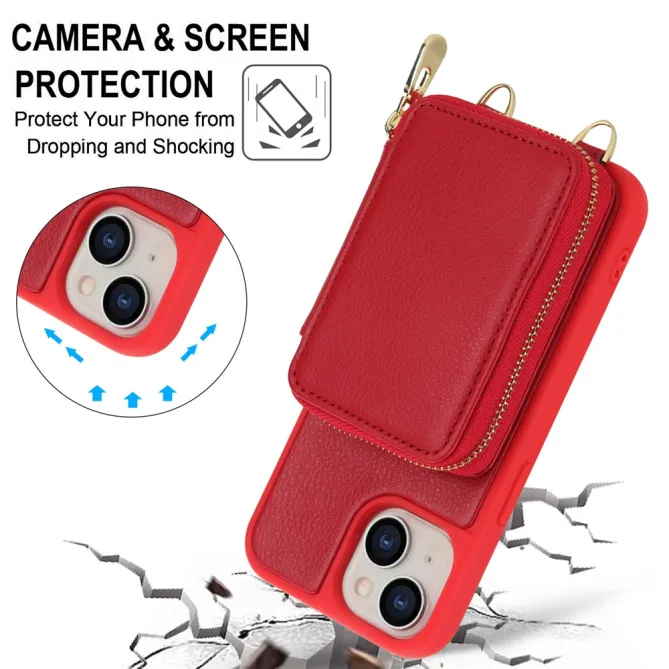 Coque iPhone 15 Portefeuille Zippé avec Bandoulière