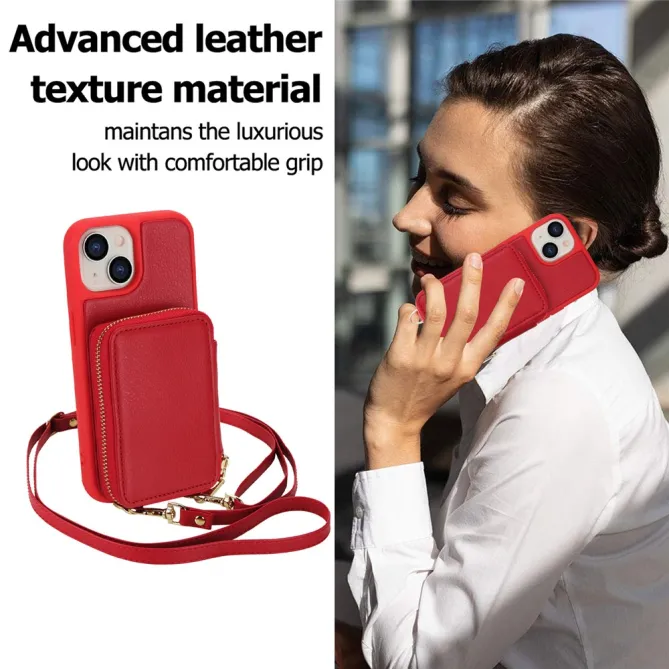 Coque iPhone 15 Portefeuille Zippé avec Bandoulière