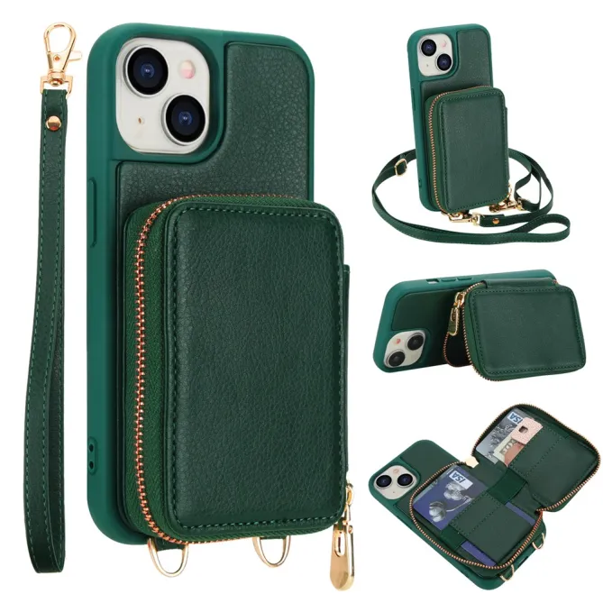 Coque iPhone 15 Portefeuille Zippé avec Bandoulière
