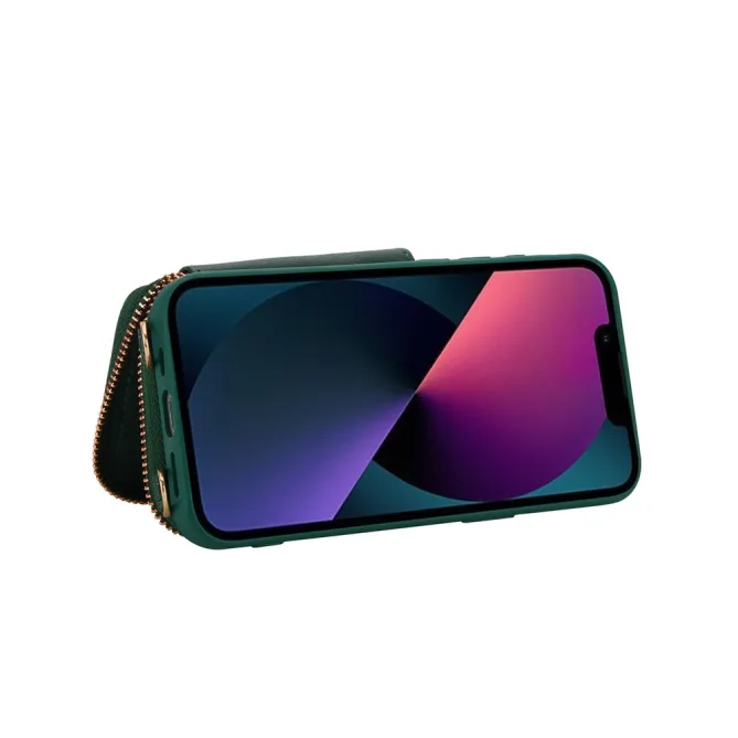 Coque iPhone 15 Portefeuille Zippé avec Bandoulière