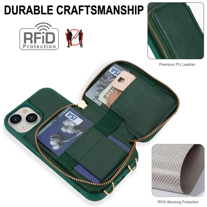 Coque iPhone 15 Portefeuille Zippé avec Bandoulière