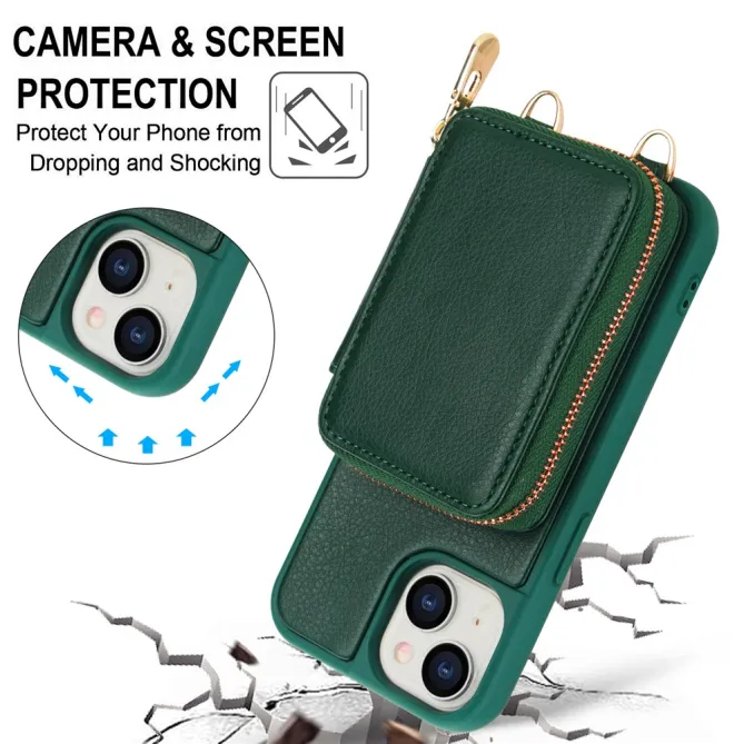 Coque iPhone 15 Portefeuille Zippé avec Bandoulière