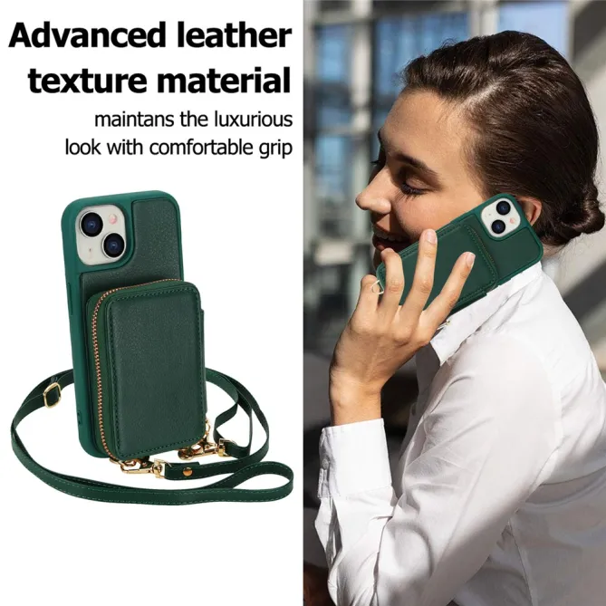 Coque iPhone 15 Portefeuille Zippé avec Bandoulière