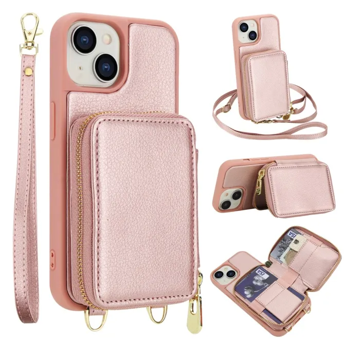 Coque iPhone 15 Portefeuille Zippé avec Bandoulière