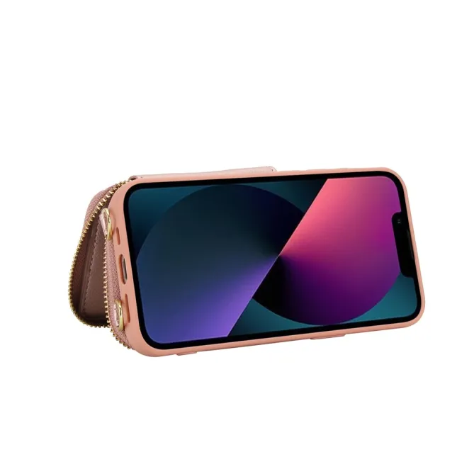 Coque iPhone 15 Portefeuille Zippé avec Bandoulière