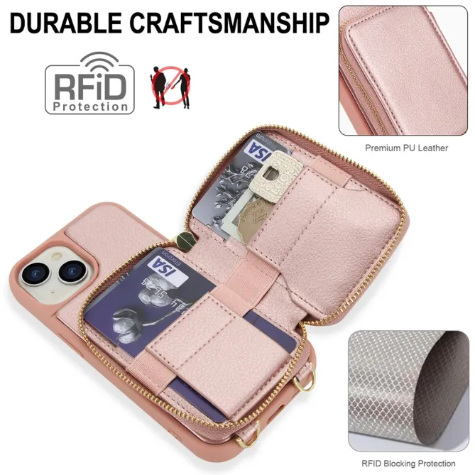 Coque iPhone 15 Portefeuille Zippé avec Bandoulière