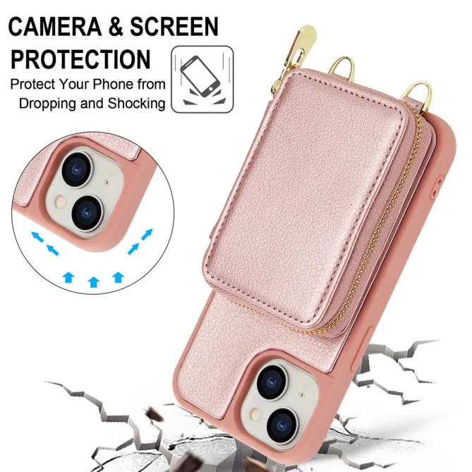 Coque iPhone 15 Portefeuille Zippé avec Bandoulière