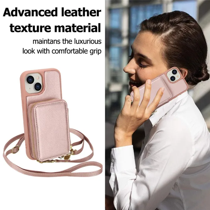 Coque iPhone 15 Portefeuille Zippé avec Bandoulière