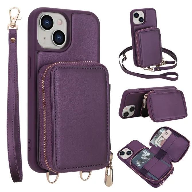 Coque iPhone 15 Portefeuille Zippé avec Bandoulière