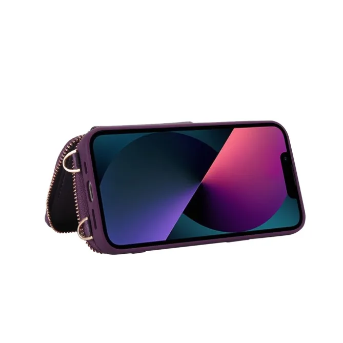 Coque iPhone 15 Portefeuille Zippé avec Bandoulière