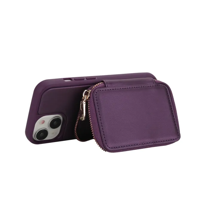 Coque iPhone 15 Portefeuille Zippé avec Bandoulière