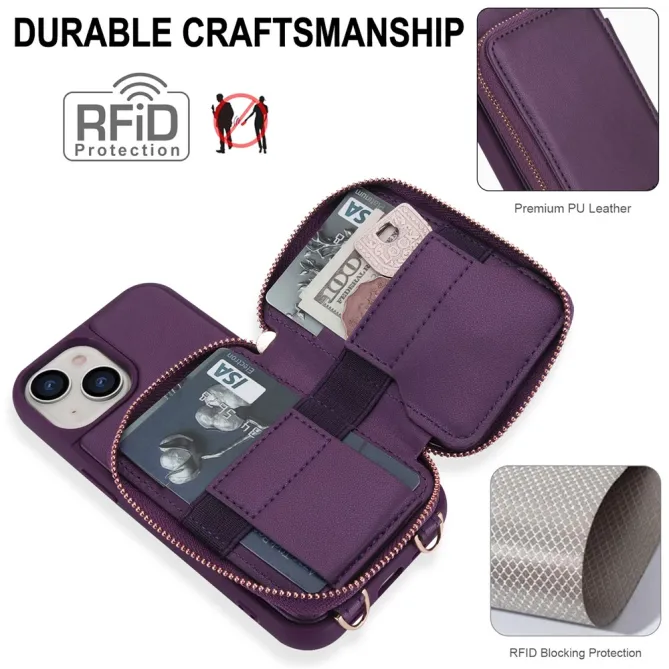 Coque iPhone 15 Portefeuille Zippé avec Bandoulière