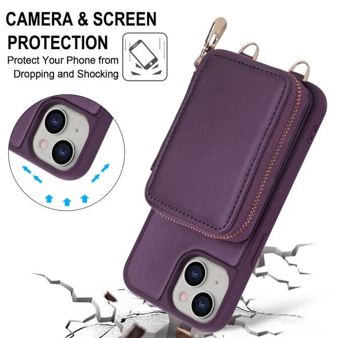 Coque iPhone 15 Portefeuille Zippé avec Bandoulière