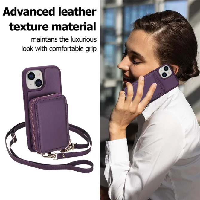 Coque iPhone 15 Portefeuille Zippé avec Bandoulière
